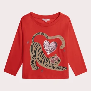 T-shirt a Maniche Lunghe Rossa con Animazione Tigre e Cuore con Paillettes Magiche