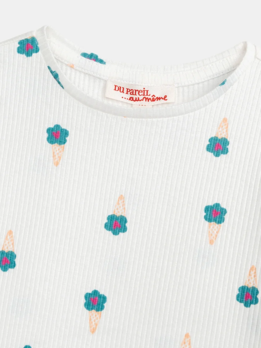 T-shirt in cotone ecru con stampa di fiori di ghiaccio per ragazza - immagine 3