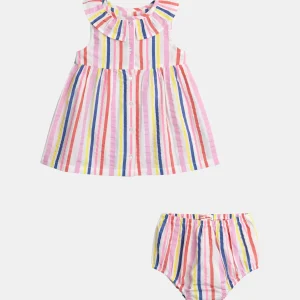 Abito a righe multicolore con colletto arricciato per bambina